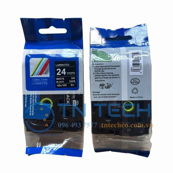 nhãn in hze-355 chữ trắng nền đen 24mm x 8m