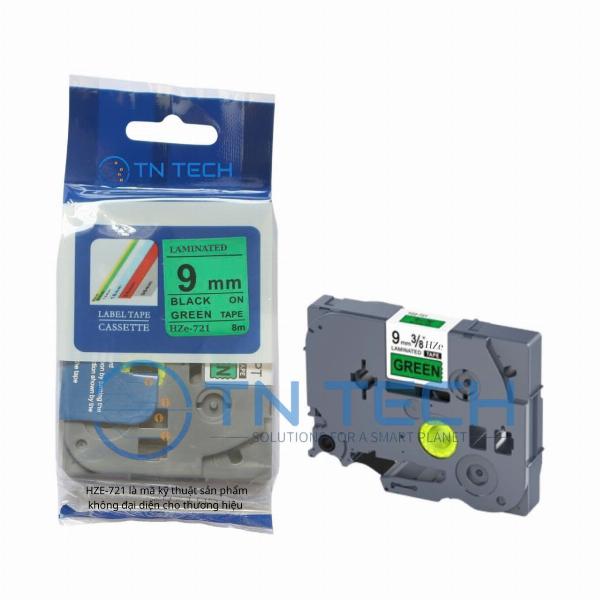 nhãn in hze-721 chữ đen nền xanh lá 9mm x 8m