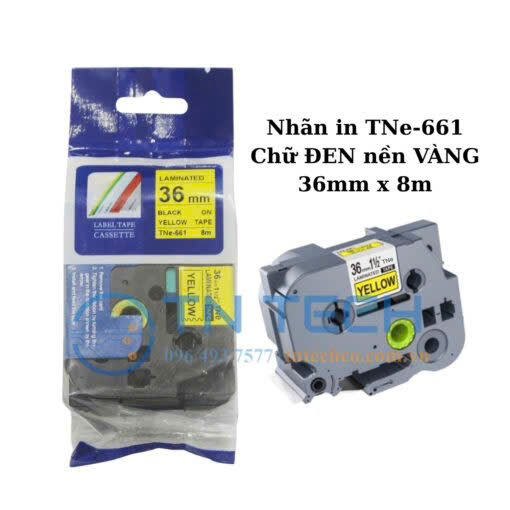nhãn in TNE-661 (TZE-661) chữ đen nền vàng 36mm x 8m