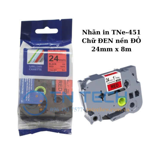 nhãn in TNE-451 (TZE-451) chữ đen nền đỏ 24mm x 8m